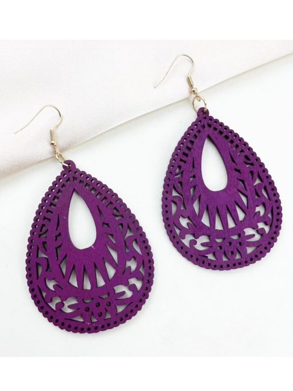 Wooden Purple Teardrop Earrings